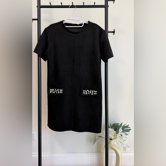 Zara Black Faux Suede Embellished Pocket Mini Dress | Size Small | Detail Shift - Picture 4 of 10